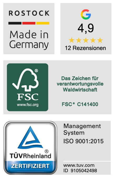 Qualitätssiegel für Made in Germany, Google Rezensionen 4,9, FSC, ISO 9001:2015