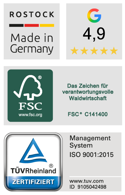 Siegel TÜV ISO 9001:2015, Google Bewertung, FSC, Made in Germany