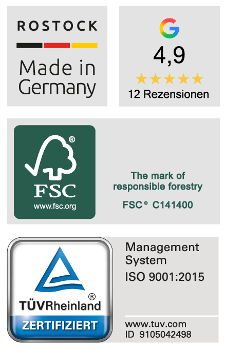 Quality seal for Made in Germany, Google reviews 4,9, FSC, ISO 9001:2015