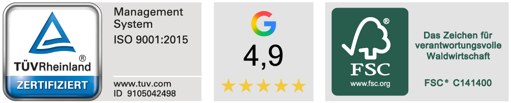 Siegel TÜV ISO 9001:2015, Google Bewertung, FSC