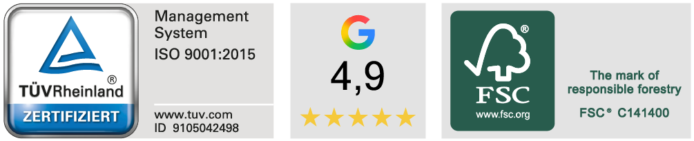 Siegel TÜV ISO 9001:2015, Google Bewertung, FSC