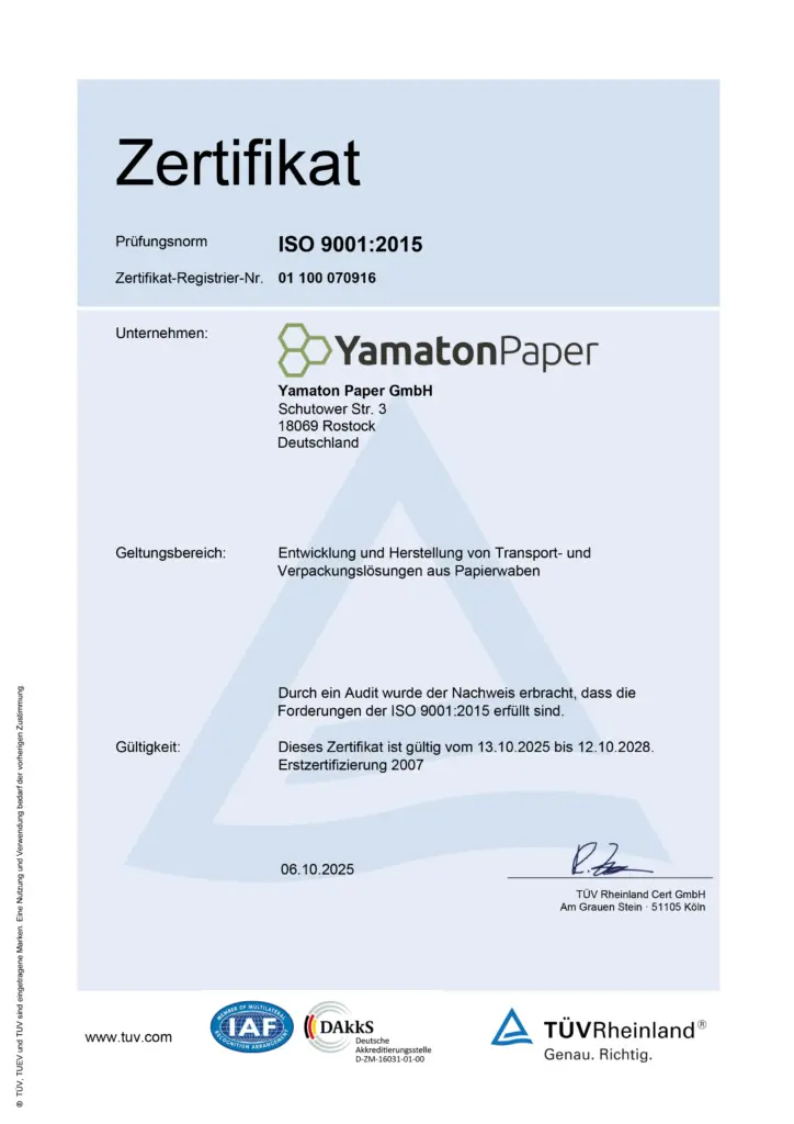 Zertifikat ISO 9001:2015 Yamaton Paper