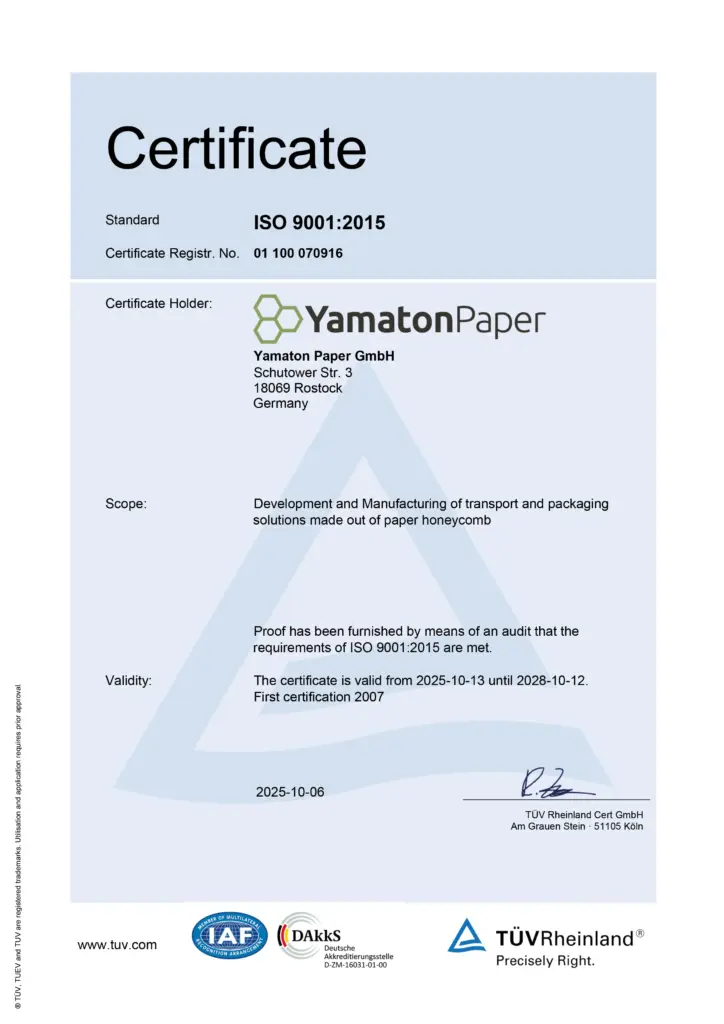 Zertifikat ISO 9001:2015 Yamaton Paper