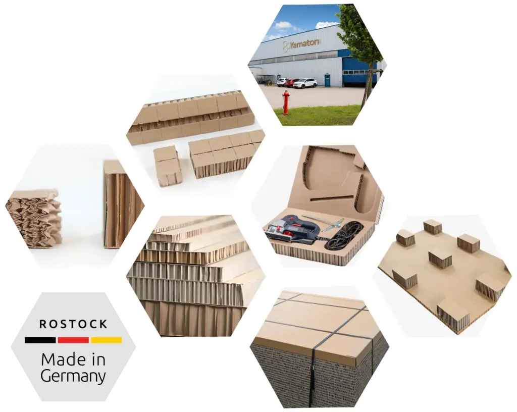 Übersicht verschiedener Produkte aus Papierwabenplatten von Yamaton Paper – nachhaltige Verpackungslösungen auf einen Blick – Made in Rostock, Germany