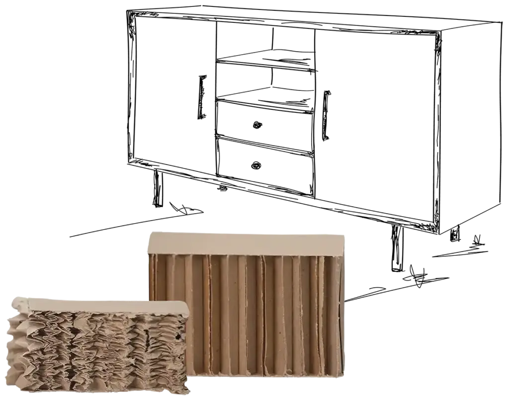 Gezeichnete Kommode und im Vordergrund liegen Produkte aus Papierwabenplatten und YamaSoft von Yamaton Paper